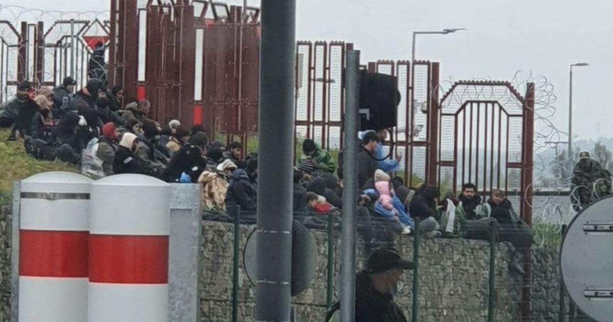 Фота дня. Мігранты сядзяць на нейтральнай паласе аднаго з памежных пераходаў з Беларусі ў Польшчу